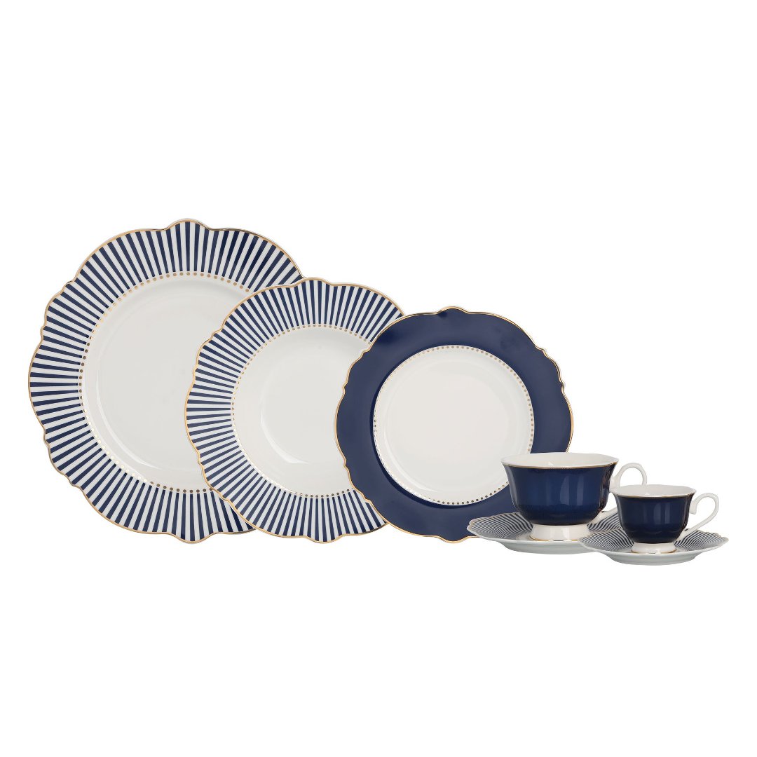 Imagem ilustrativa para Aparelho de jantar em new bone china branco e azul com filado dourado 42 peças
