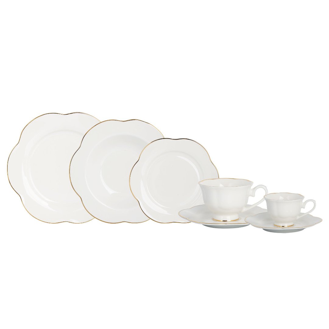 Imagem ilustrativa para Aparelho de jantar em new bone china 42 peças branco com filado dourado 42 peças