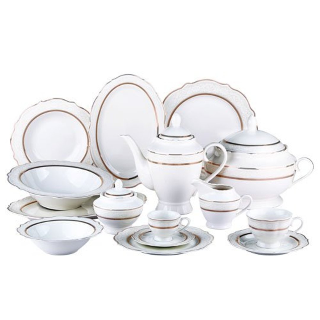 Fotografia para o produto Aparelho de jantar em new bone china 50 peças branco com relevo e filado dourado Fotografia para o produto Aparelho de jantar em new bone china 50 peças branco com relevo e filado dourado