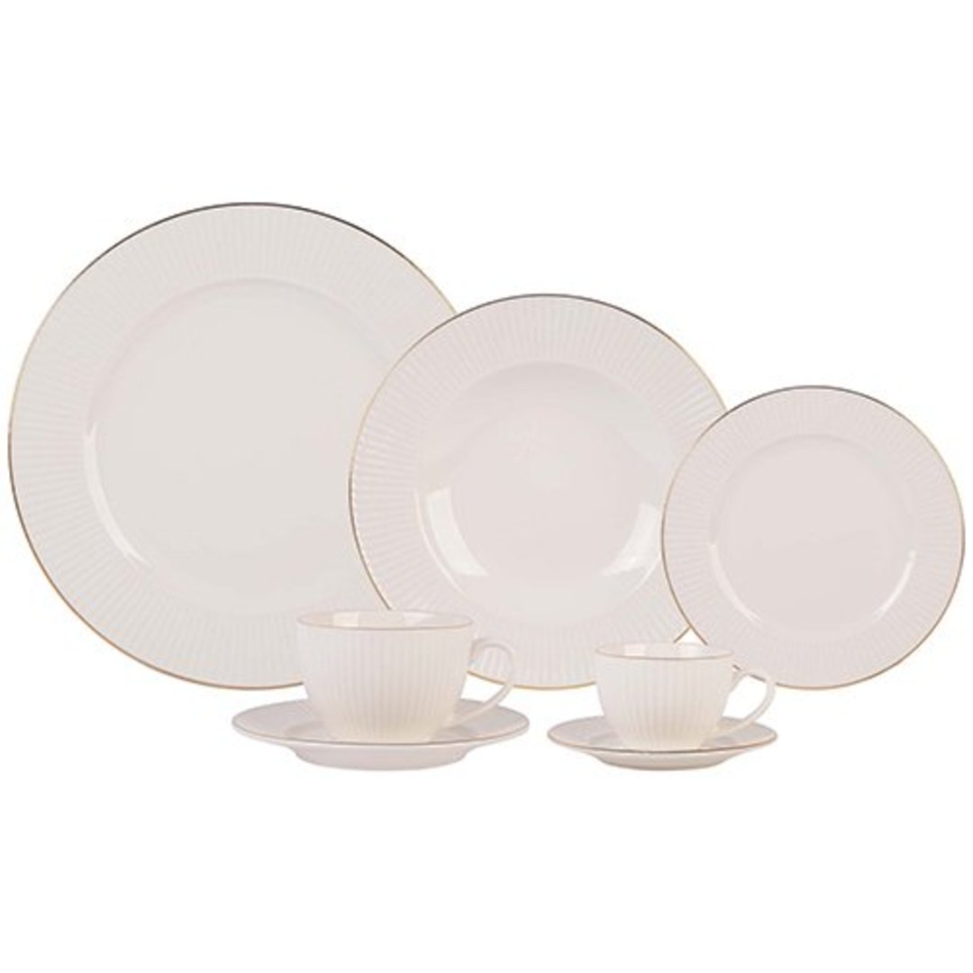 Imagem ilustrativa para Aparelho de jantar em new bone china branco com relevo e filado dourado 42 peças