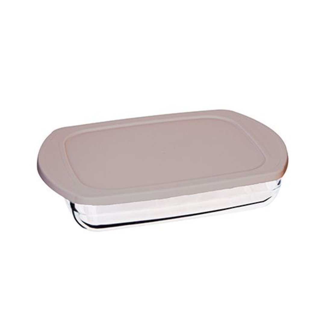 Fotografia para o produto Assadeira retangular em vidro borossilicato com tampa plastica cinza 2L P32,7xL20,3xA5,3cm Fotografia para o produto Assadeira retangular em vidro borossilicato com tampa plastica cinza 2L P32,7xL20,3xA5,3cm