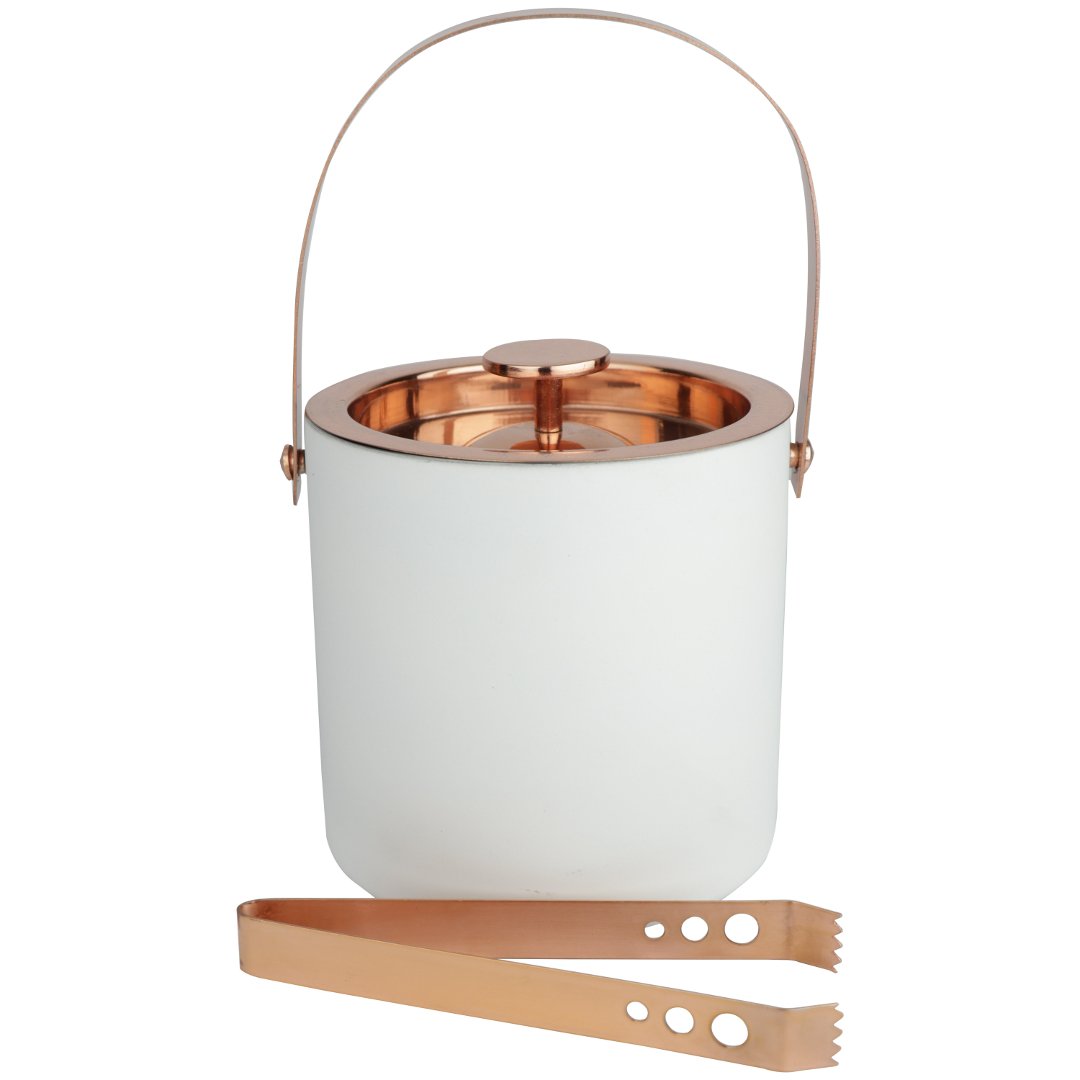 Fotografia para o produto Balde de gelo em aço inox e parede dupla com pinça 1,8L 015xA18cm cor branca com cobre