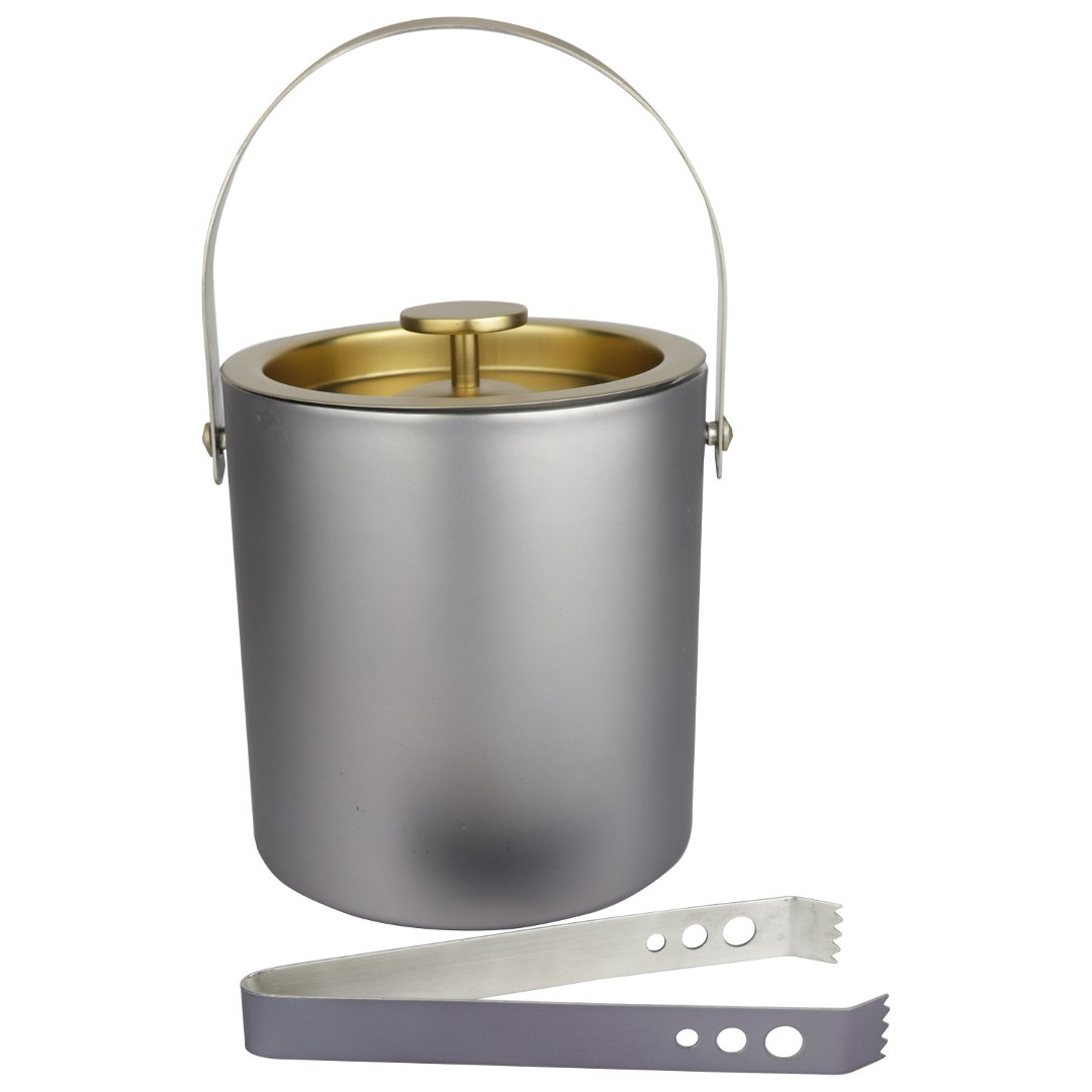 Fotografia para o produto Balde de gelo em aço inox e parede dupla com pinça 1,8L 015xA18cm cor cinza e dourada