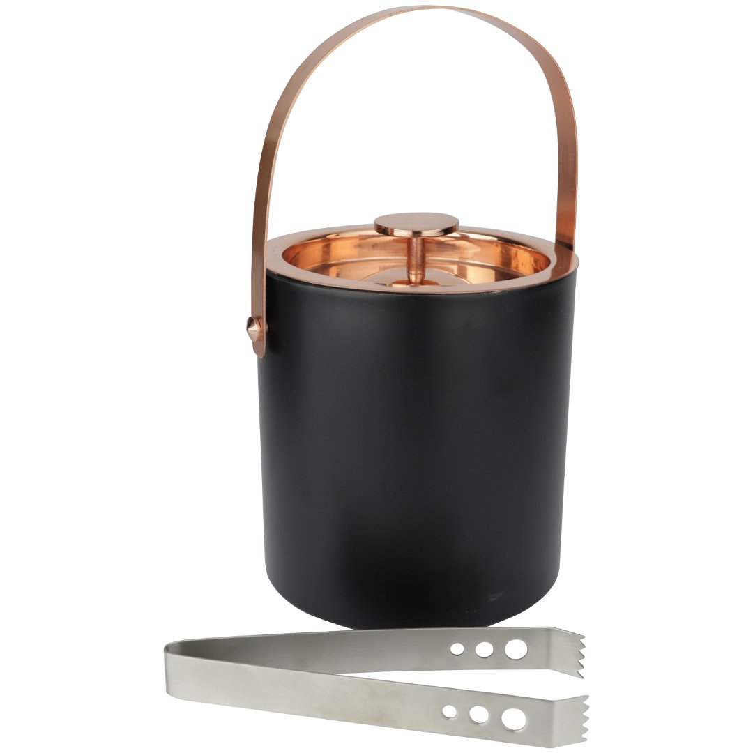 Fotografia para o produto Balde de gelo em aço inox e parede dupla com pinça 1,8L Ø15xA18cm cor preta com cobre