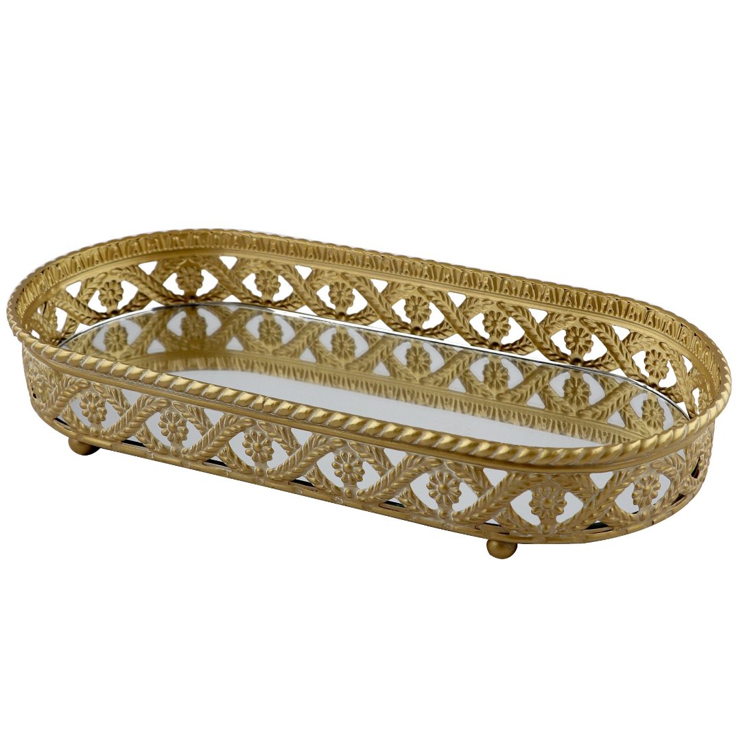 Fotografia para o produto Bandeja oval Romani em ferro com espelho L28xP13xA5cm cor dourada