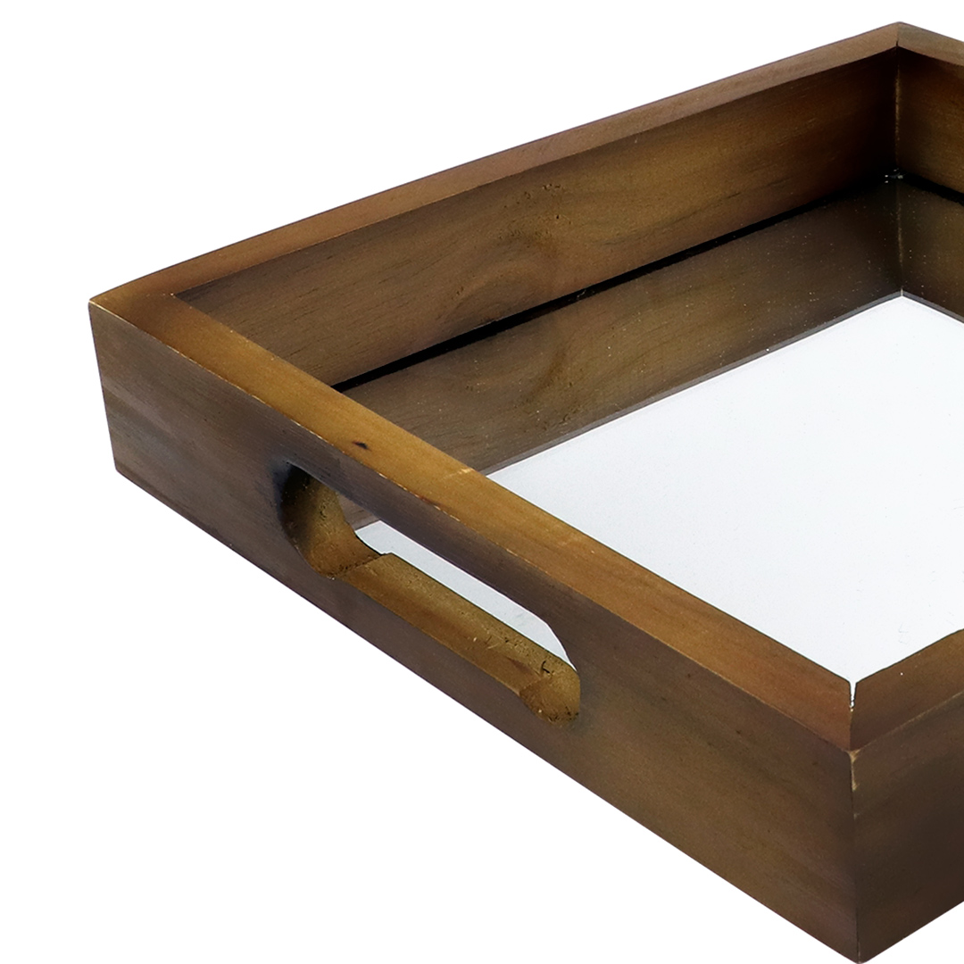 Fotografia para o produto Bandeja quadrada de madeira com espelho e alça L27xP27xA5cm