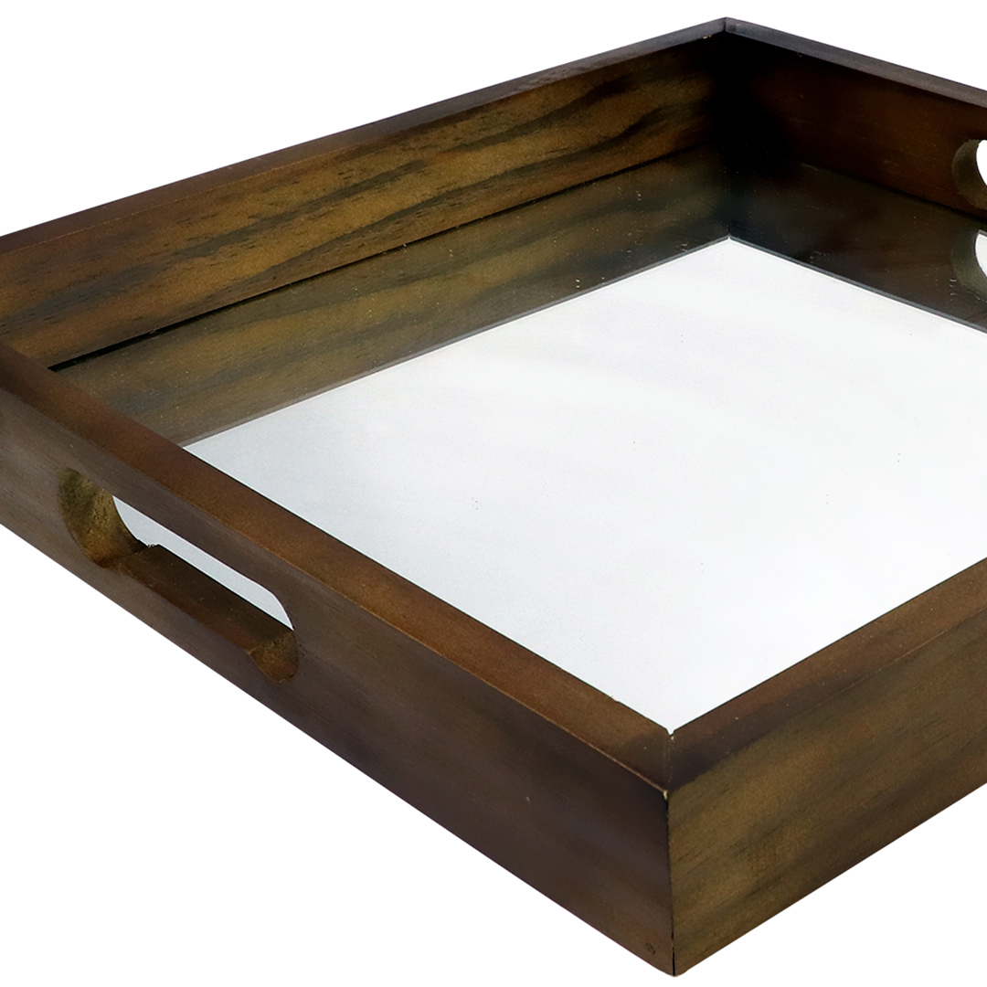 Fotografia para o produto Bandeja quadrada de madeira com espelho e alça L36xP36xA5cm
