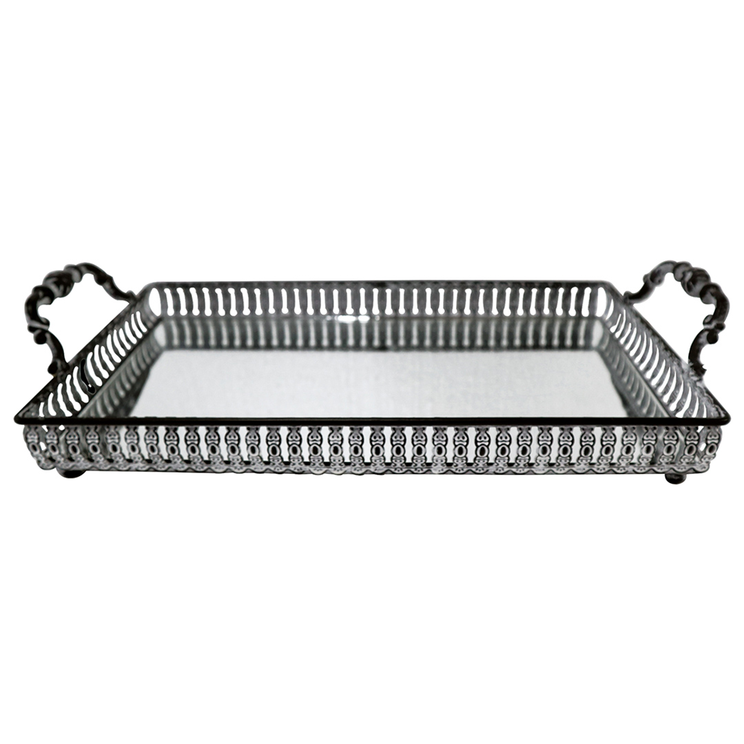 Fotografia para o produto Bandeja retangular com espelho e alça em ferro L38xP19xA8,5cm