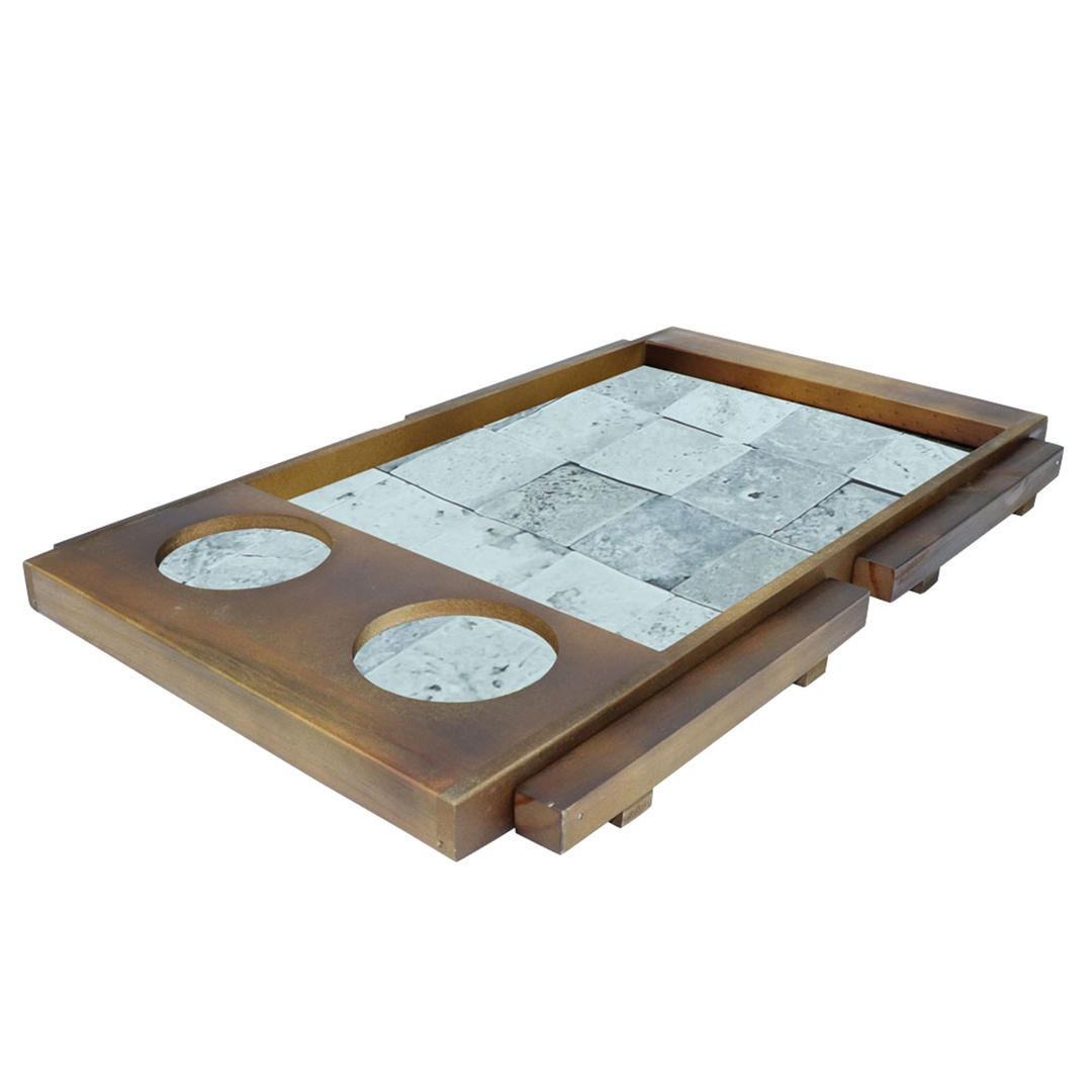 Fotografia para o produto Bandeja retangular em madeira com pé e porta copos L57xP35xA22cm