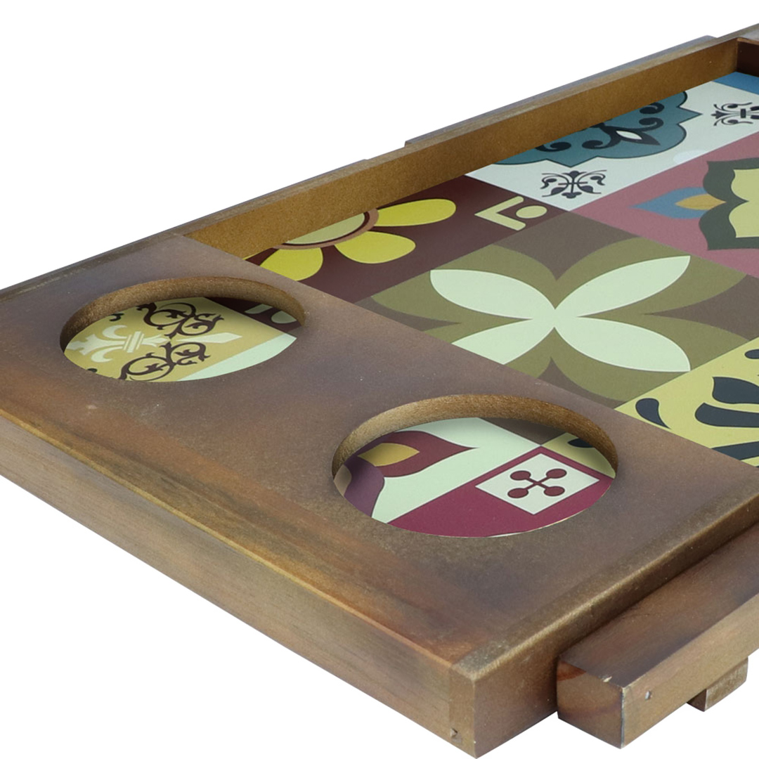 Fotografia para o produto Bandeja retangular em madeira com pé e porta copos L57xP35xA22cm colorido