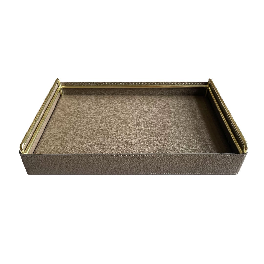 Imagem ilustrativa para Bandeja retangular em madeira revestida de pu com alças de metal P35xL25xA6,5cm cinza