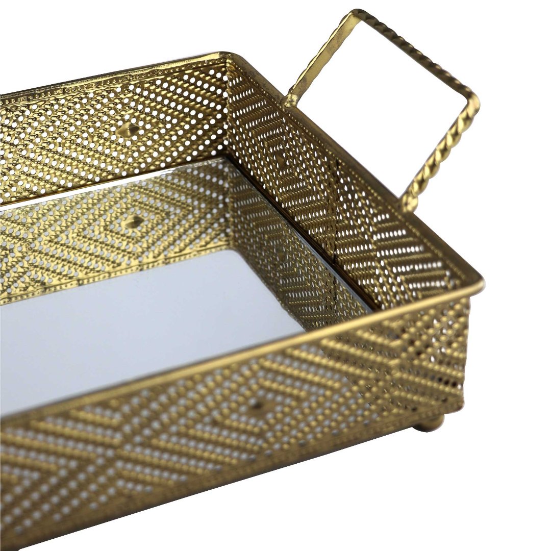 Fotografia para o produto Bandeja retangular Lubili em ferro com espelho e alça L39xP19,5xA9cm <br/>cor dourada