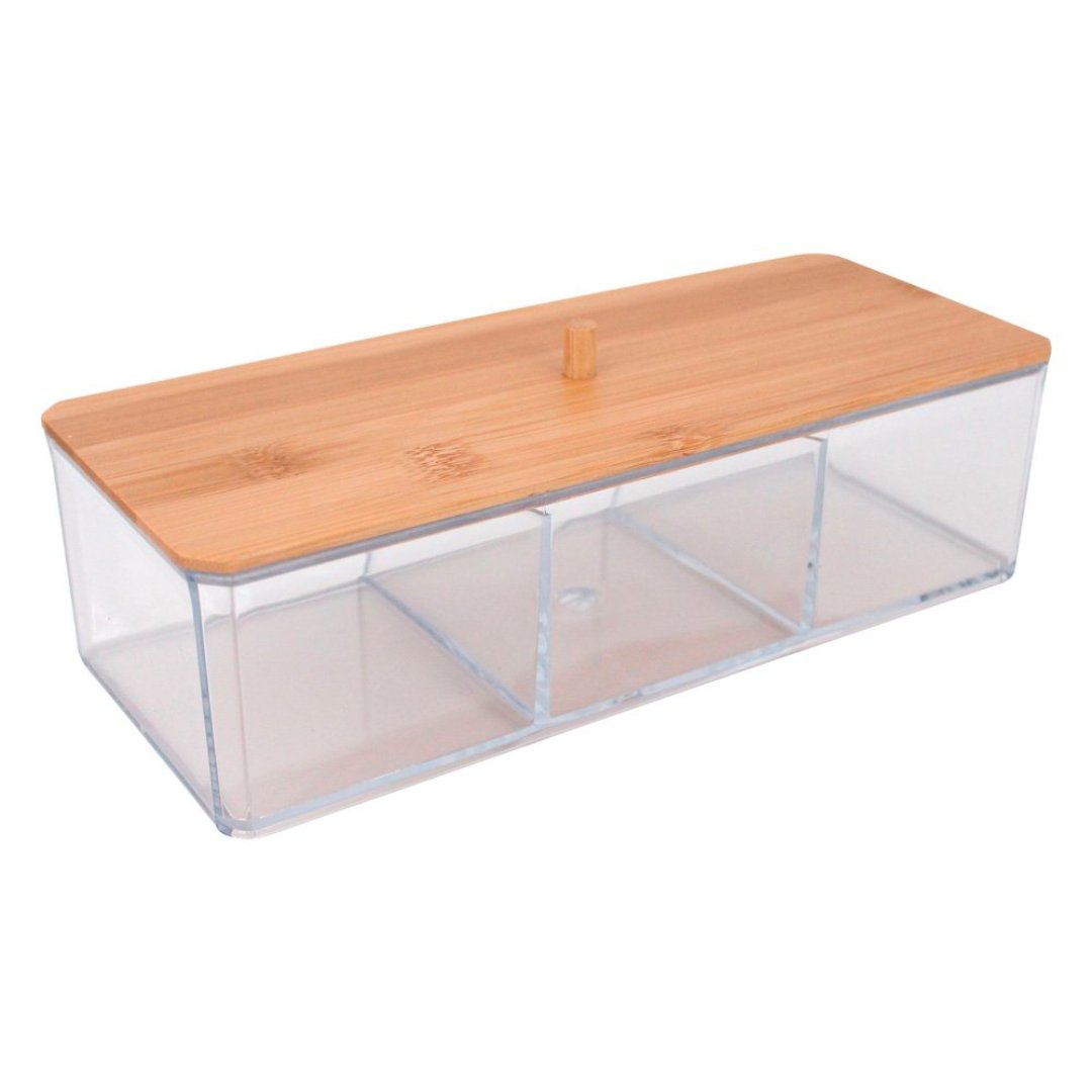 Fotografia para o produto Caixa retangular com tampa em bambu com 3 divisorias em plastico L23,5xP9,5xA6,5cm