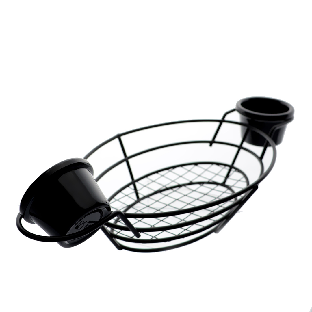 Fotografia para o produto Cesta oval em aço inox com 2 molheiras em melamina L34,5xP15xA6cm