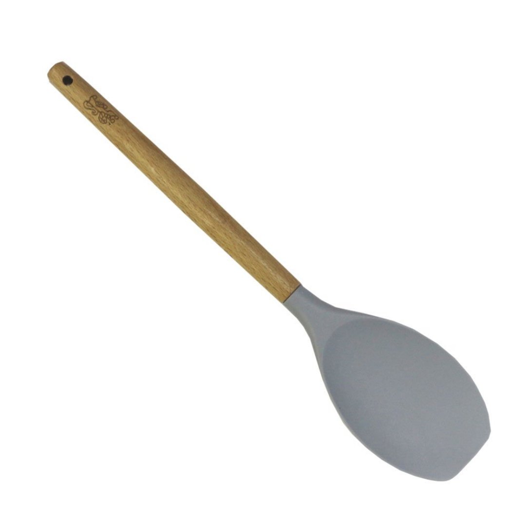 Fotografia para o produto Colher Espátula de silicone com cabo em madeira A31,5cm cinza Fotografia para o produto Colher Espátula de silicone com cabo em madeira A31,5cm cinza