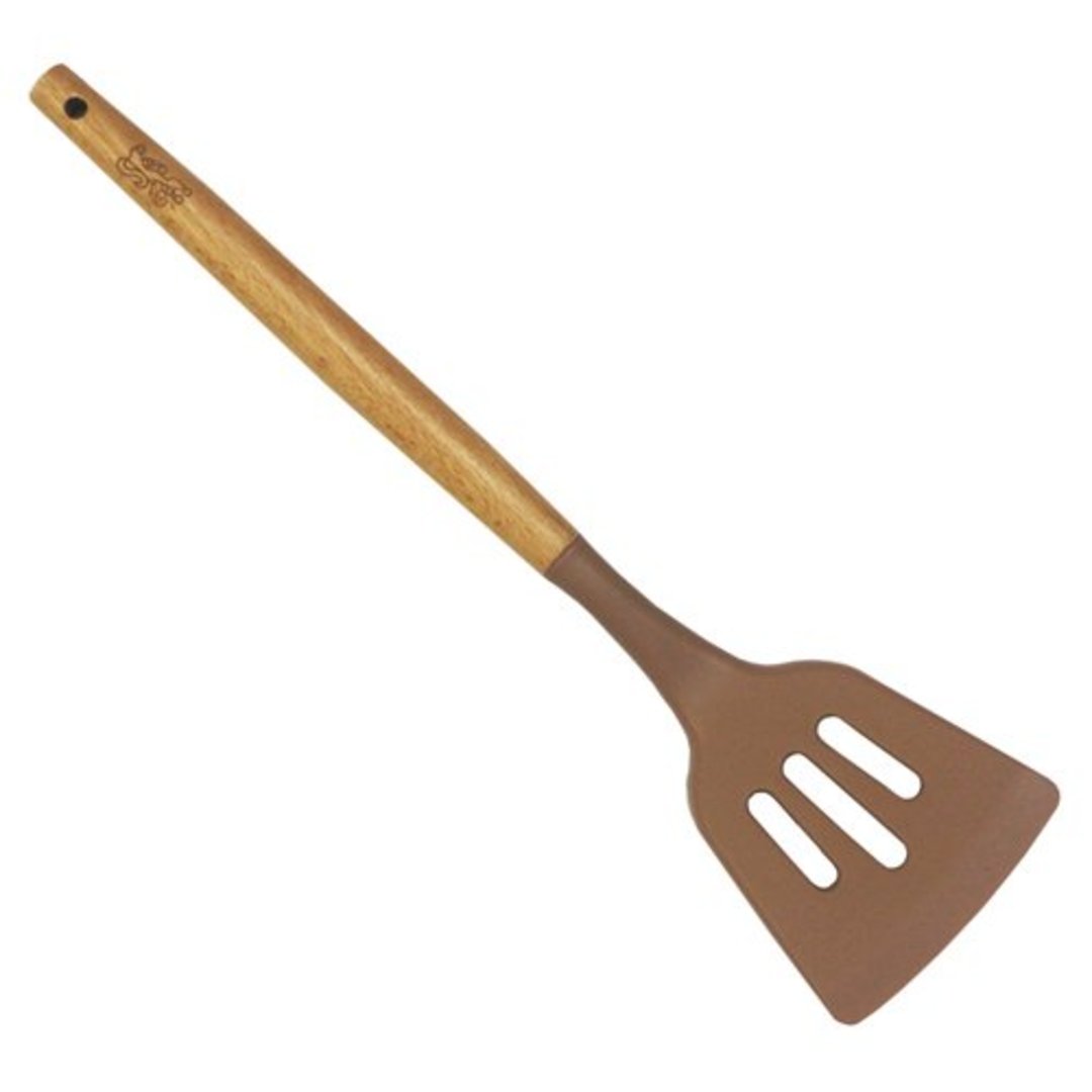 Fotografia para o produto Espátula vazada de silicone com cabo em madeira A32cm mocha mousse