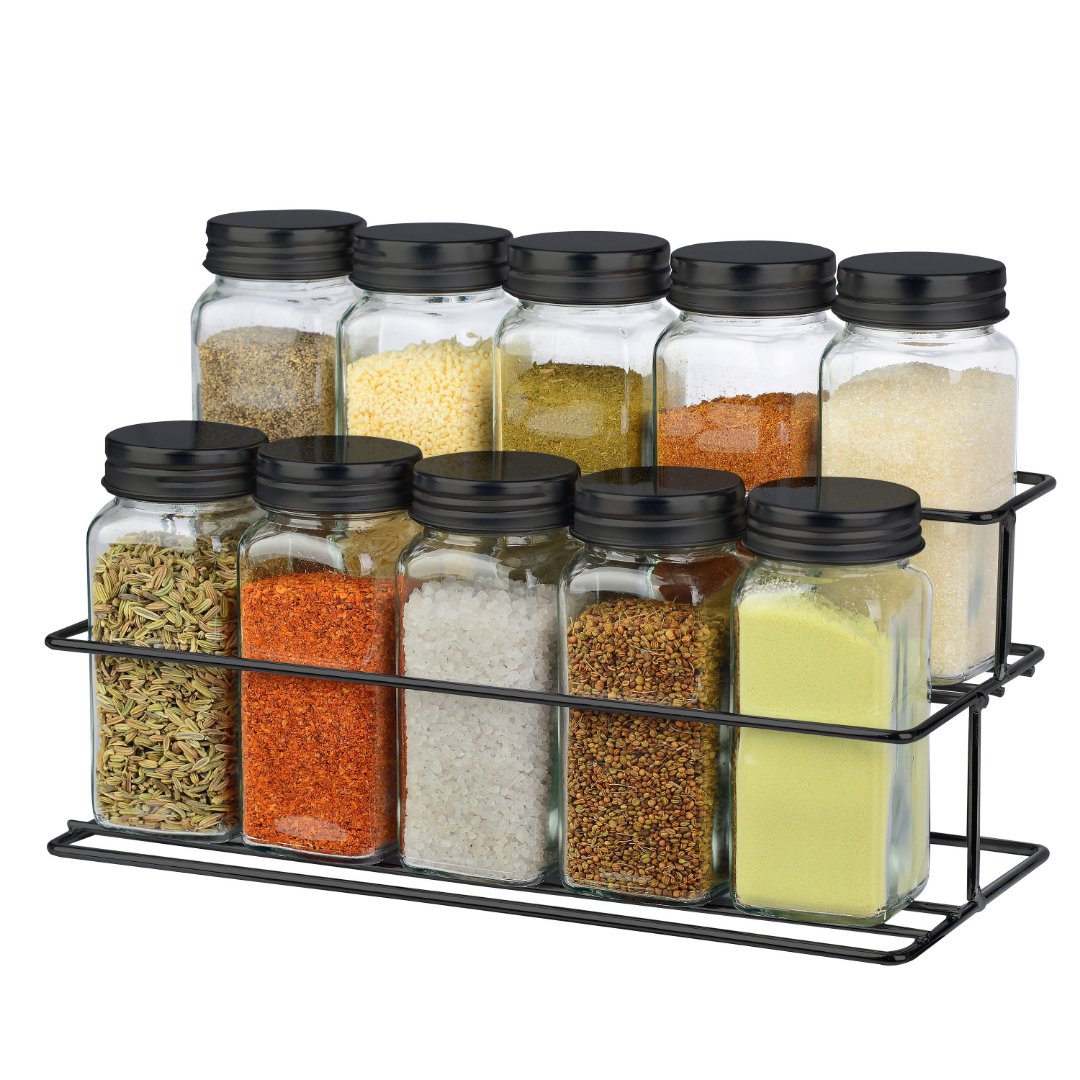 Imagem ilustrativa para Jogo de 10 porta condimentos em vidro com suporte em metal 110ml P10,6xL24xA16,5cm