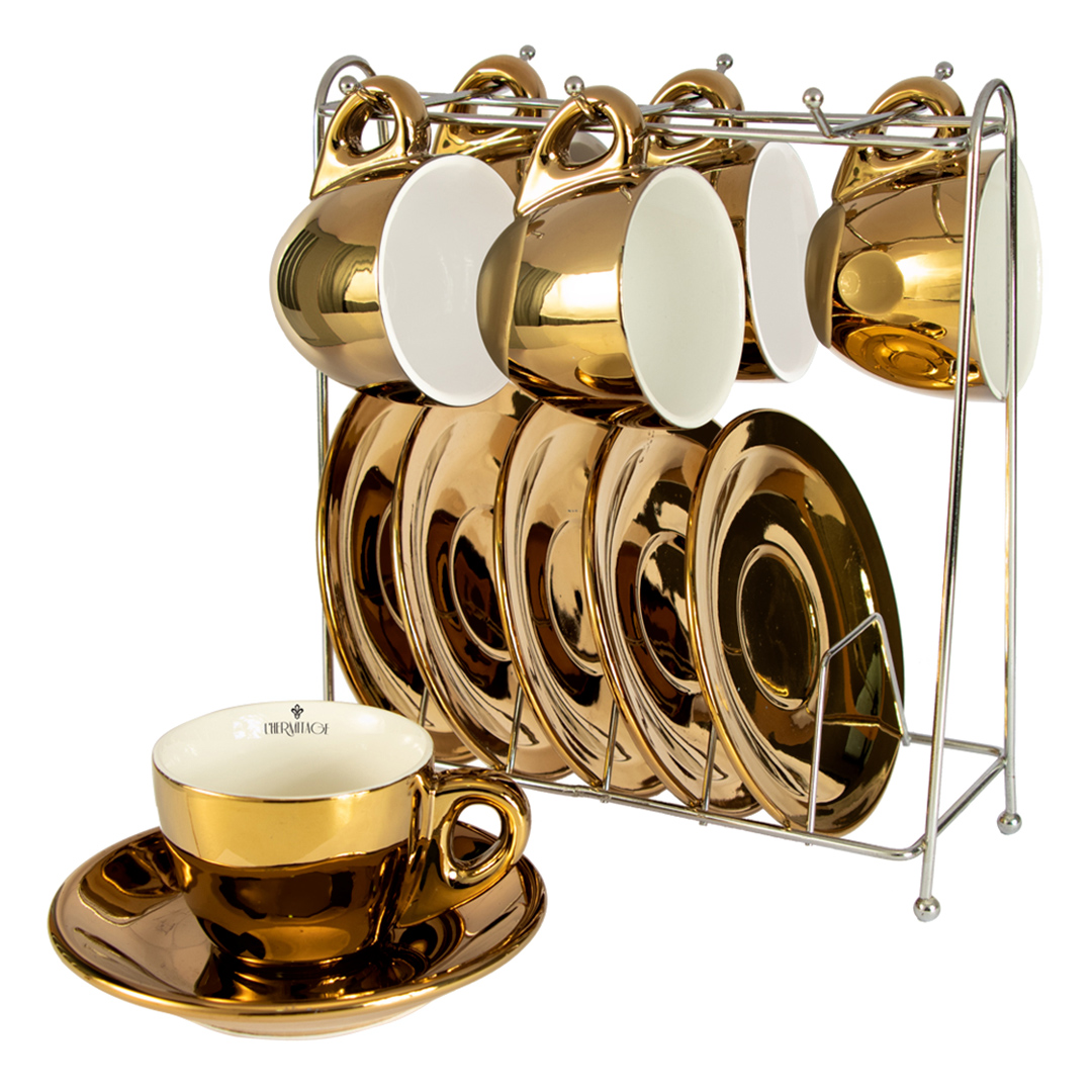Imagem ilustrativa para Jogo de 12 peças para café em new bone china com rack 80ml dourado e branco