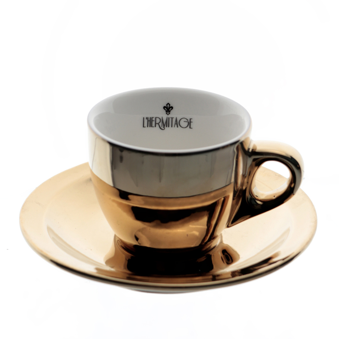 Fotografia para o produto Jogo de 12 peças para cafe em new bone china 80ml cor ouro e branca e com rack