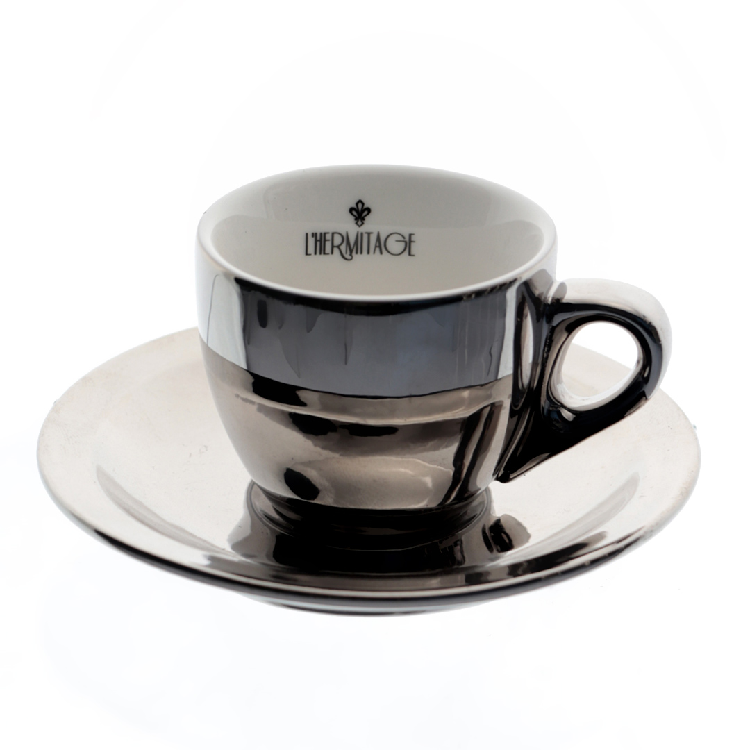 Fotografia para o produto Jogo de 12 peças para cafe em new bone china 80ml cor prata e branca e com rack