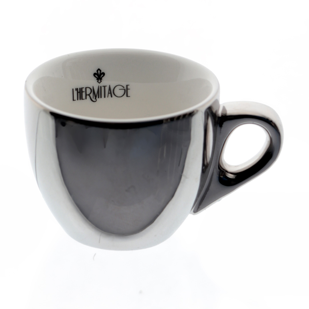 Fotografia para o produto Jogo de 12 peças para cafe em new bone china 80ml cor prata e branca e com rack