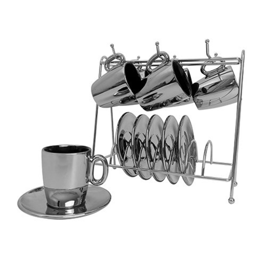 Imagem ilustrativa para Jogo de 12 peças para café em new bone china com rack 80ml prata e preto