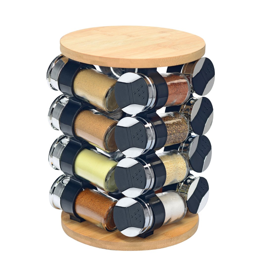 Imagem ilustrativa para Jogo de 16 porta condimentos em vidro com suporte em bambu 100ml P19xL19xA26,8cm