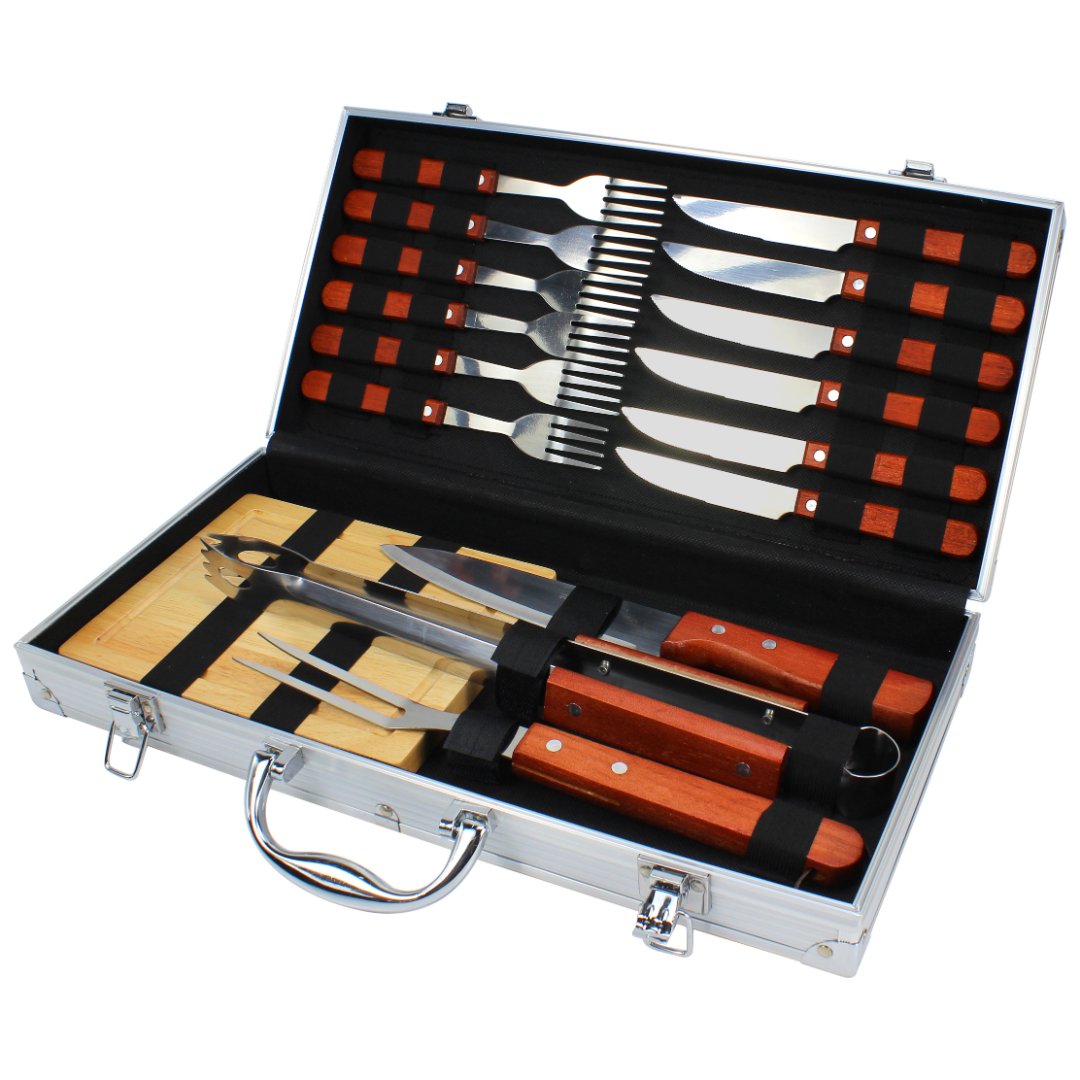 Imagem ilustrativa para Jogo de 17 peças para churrasco com cabo em madeira e maleta em alumínio L47xP20xA7cm