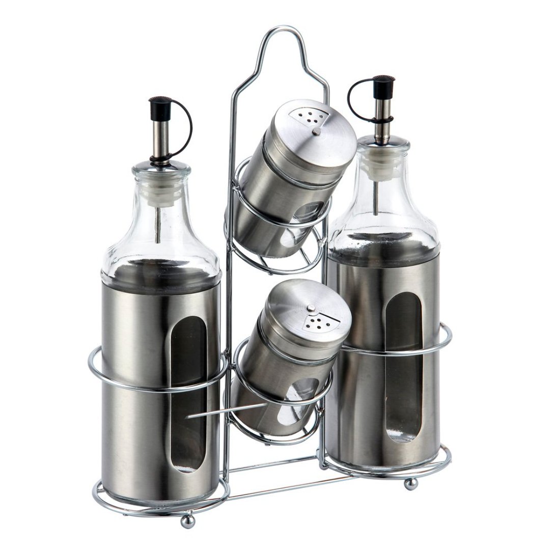 Imagem ilustrativa para Jogo de 2 galheteiros e 2 porta condimentos em vidro com suporte em aço inox P8xL21xA26,8cm