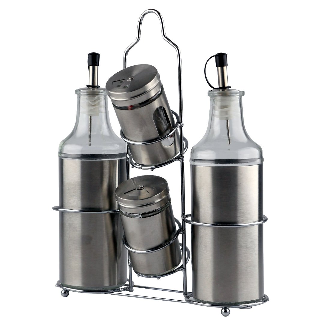 Fotografia para o produto Jogo de 2 galheteiros e 2 porta condimentos em vidro com suporte em aco inox L21,6xP7,7xA27,3cm
