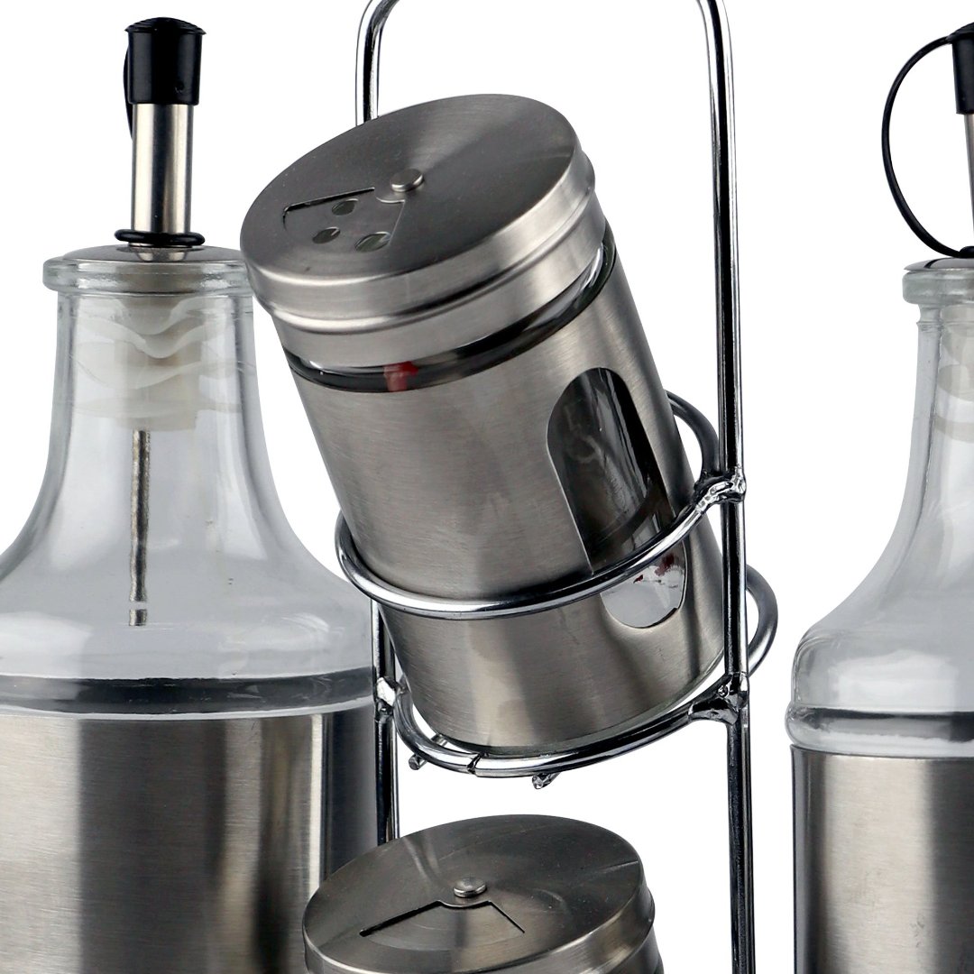 Fotografia para o produto Jogo de 2 galheteiros e 2 porta condimentos em vidro com suporte em aco inox L21,6xP7,7xA27,3cm