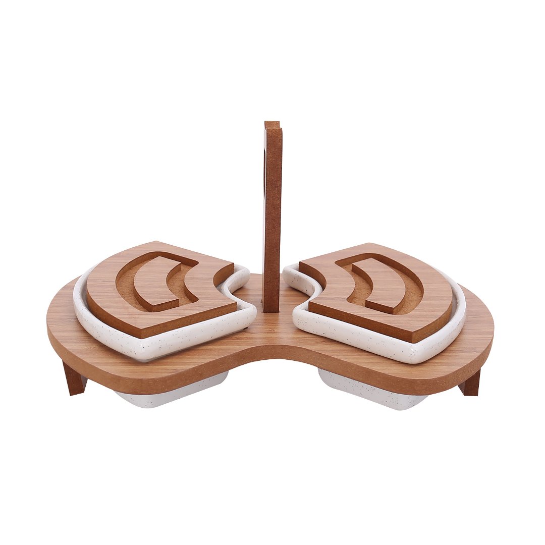 Imagem ilustrativa para Jogo de 2 petisqueiras em cerâmica com suporte em MDF P7xL24xA22cm