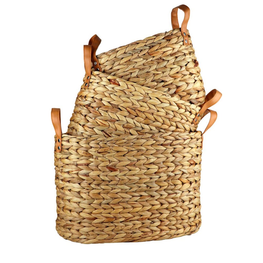 Fotografia para o produto Jogo de 3 cestas ovais Terra em fibra natural com alca em couro L39xP21xA26/L33xP19xA24/L27xP16xA22