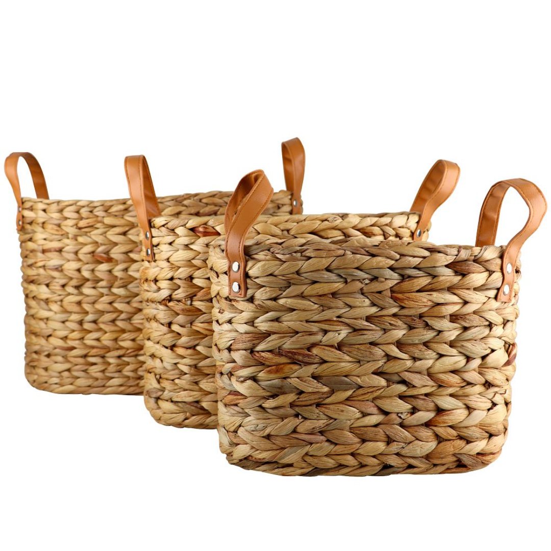 Fotografia para o produto Jogo de 3 cestas ovais Terra em fibra natural com alca em couro L39xP21xA26/L33xP19xA24/L27xP16xA22