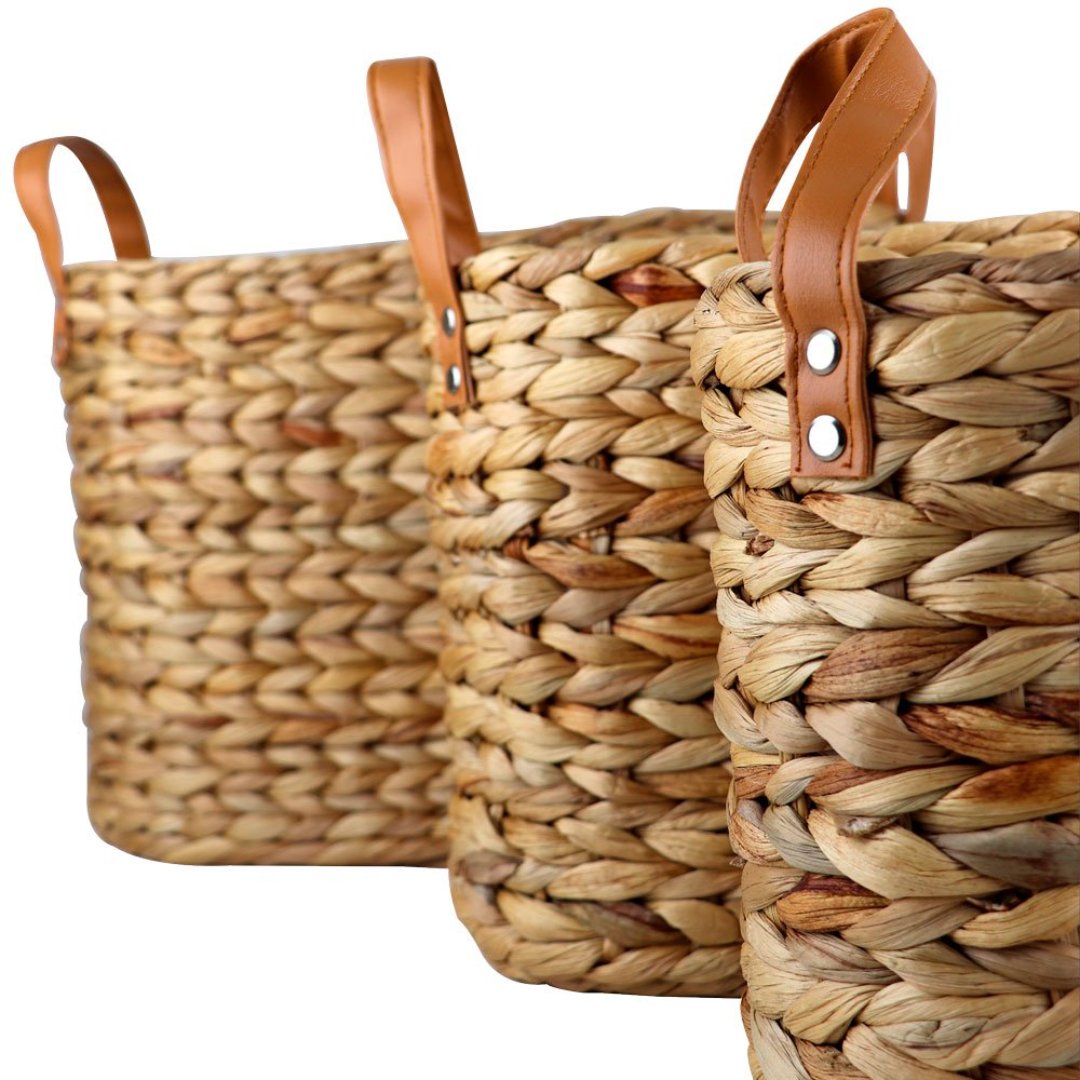 Fotografia para o produto Jogo de 3 cestas ovais Terra em fibra natural com alca em couro L39xP21xA26/L33xP19xA24/L27xP16xA22