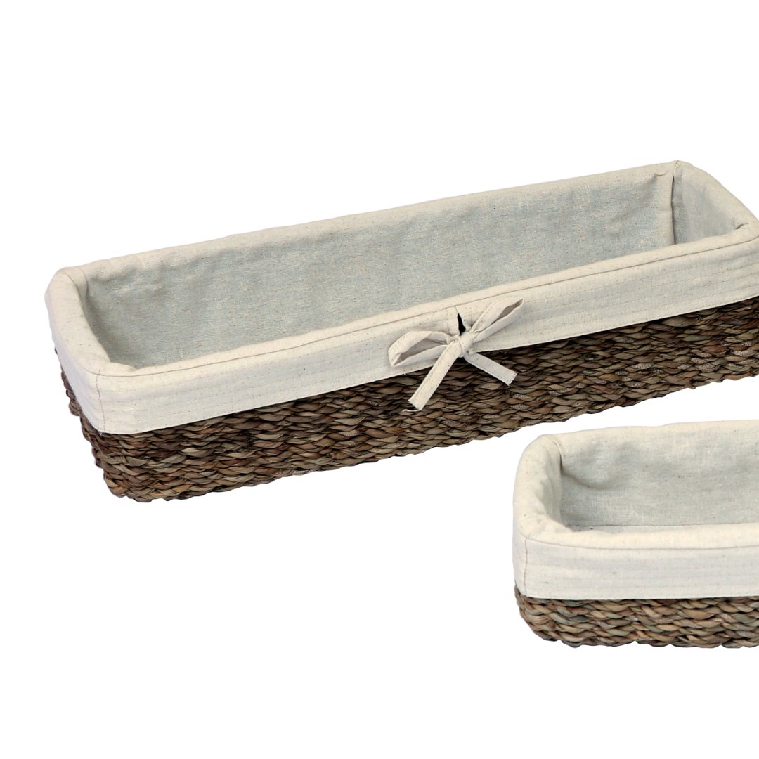 Fotografia para o produto Jogo de 3 cestas retangulares em fibra natural com tecido 45x20x11/40x16x9/36x12x7