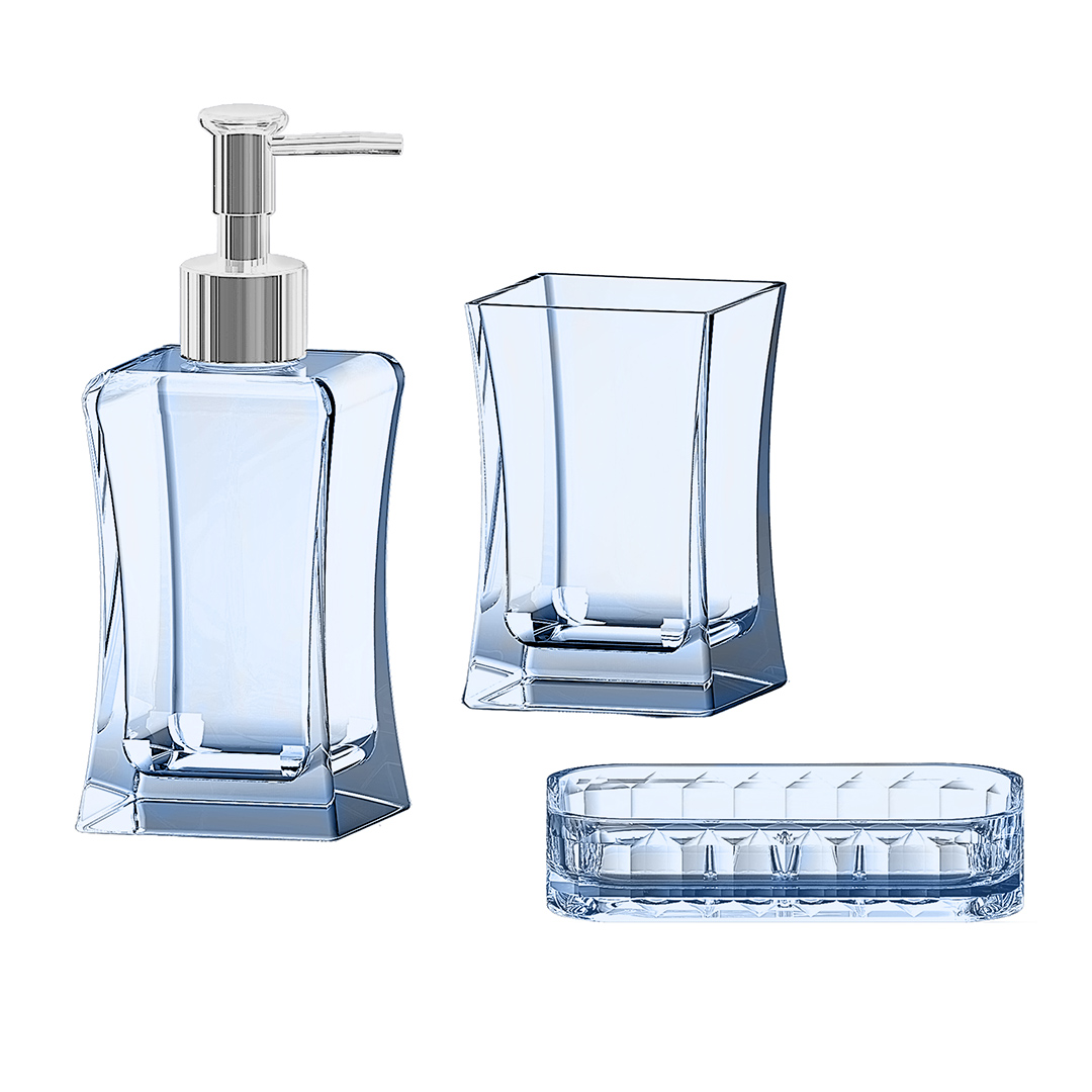 Fotografia para o produto Jogo de 3 peças para banheiro em vidro cor azul luster Fotografia para o produto Jogo de 3 peças para banheiro em vidro cor azul luster