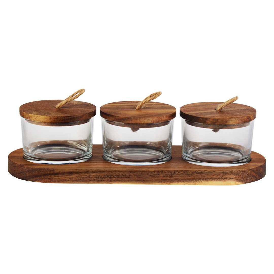 Imagem ilustrativa para Jogo de 3 petisqueiras em vidro com tampa e suporte em madeira 120ml P10,2xL26,2xA6,8cm