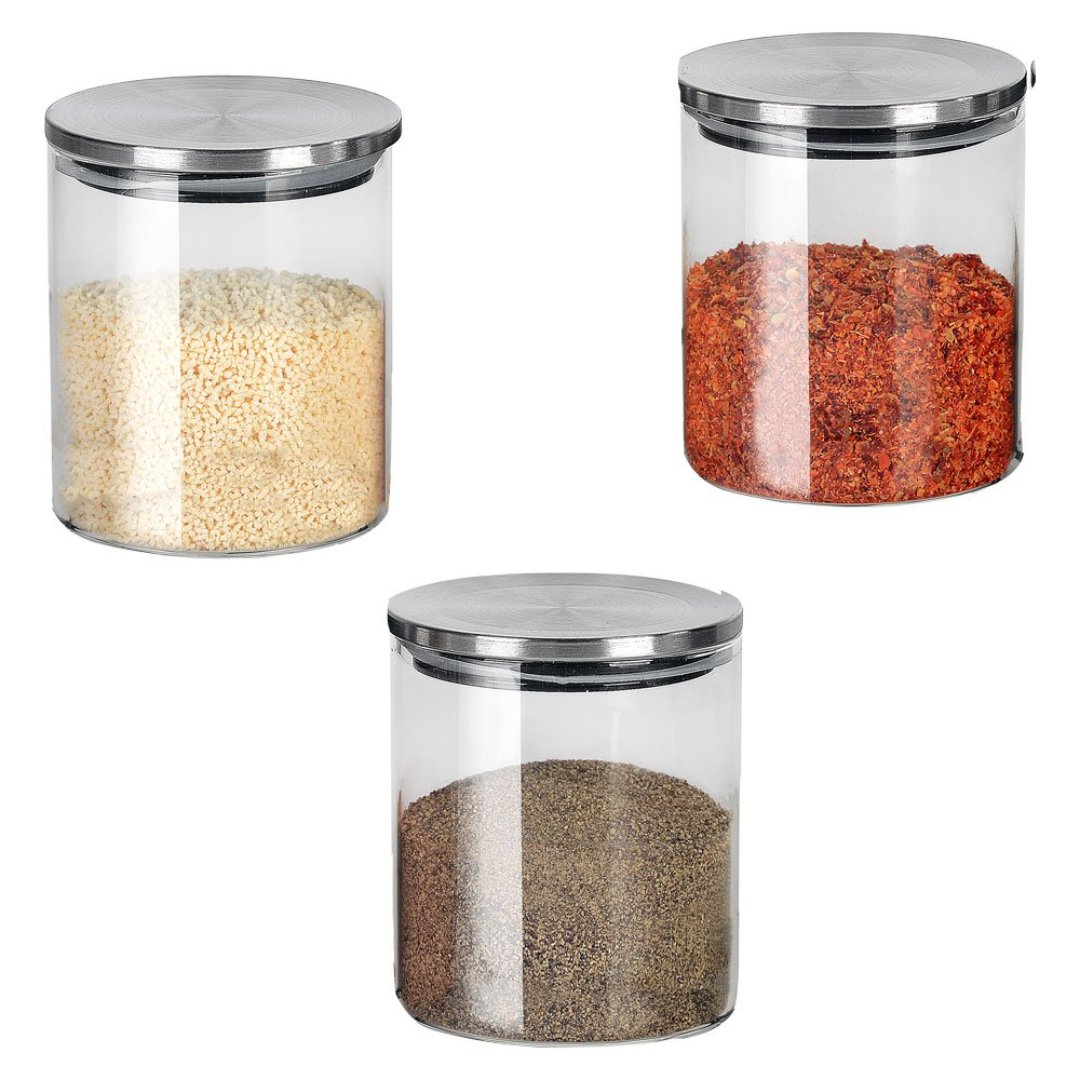 Fotografia para o produto Jogo de 3 porta condimentos em vidro borossilicato com tampa e suporte em metal 350ml 08xA9cm