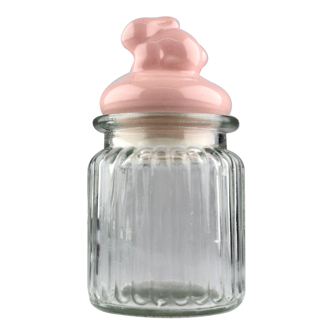 Fotografia para o produto Jogo de 3 porta mantimentos em vidro com tampa rosa em cerâmica 300ml 08xA10,4cm