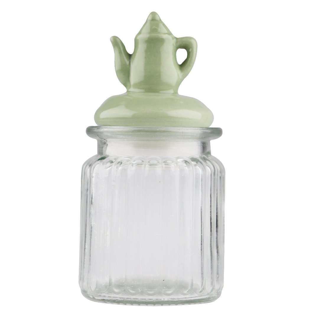 Fotografia para o produto Jogo de 3 porta mantimentos em vidro com tampa verde em cerâmica 300ml 08xA10,4cm