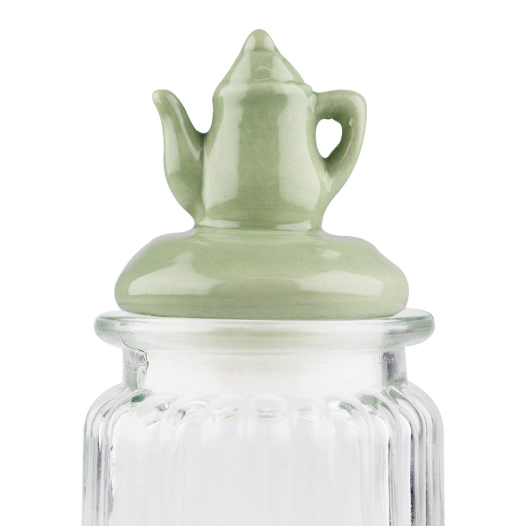 Fotografia para o produto Jogo de 3 porta mantimentos em vidro com tampa verde em cerâmica 300ml 08xA10,4cm