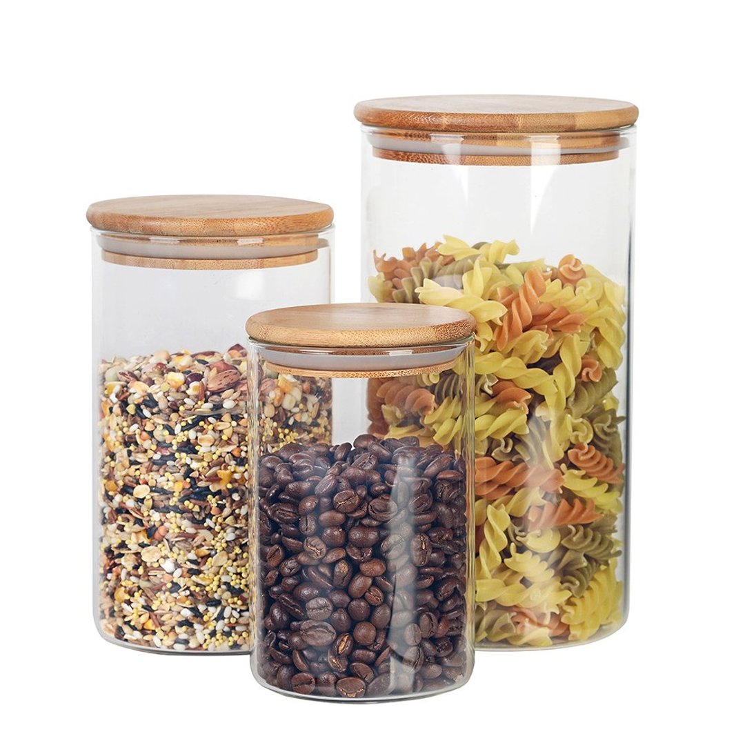 Fotografia para o produto Jogo de 3 porta mantimentos redondos em vidro borossilicato com tampa em bambu 600ml/1L/1,5L
