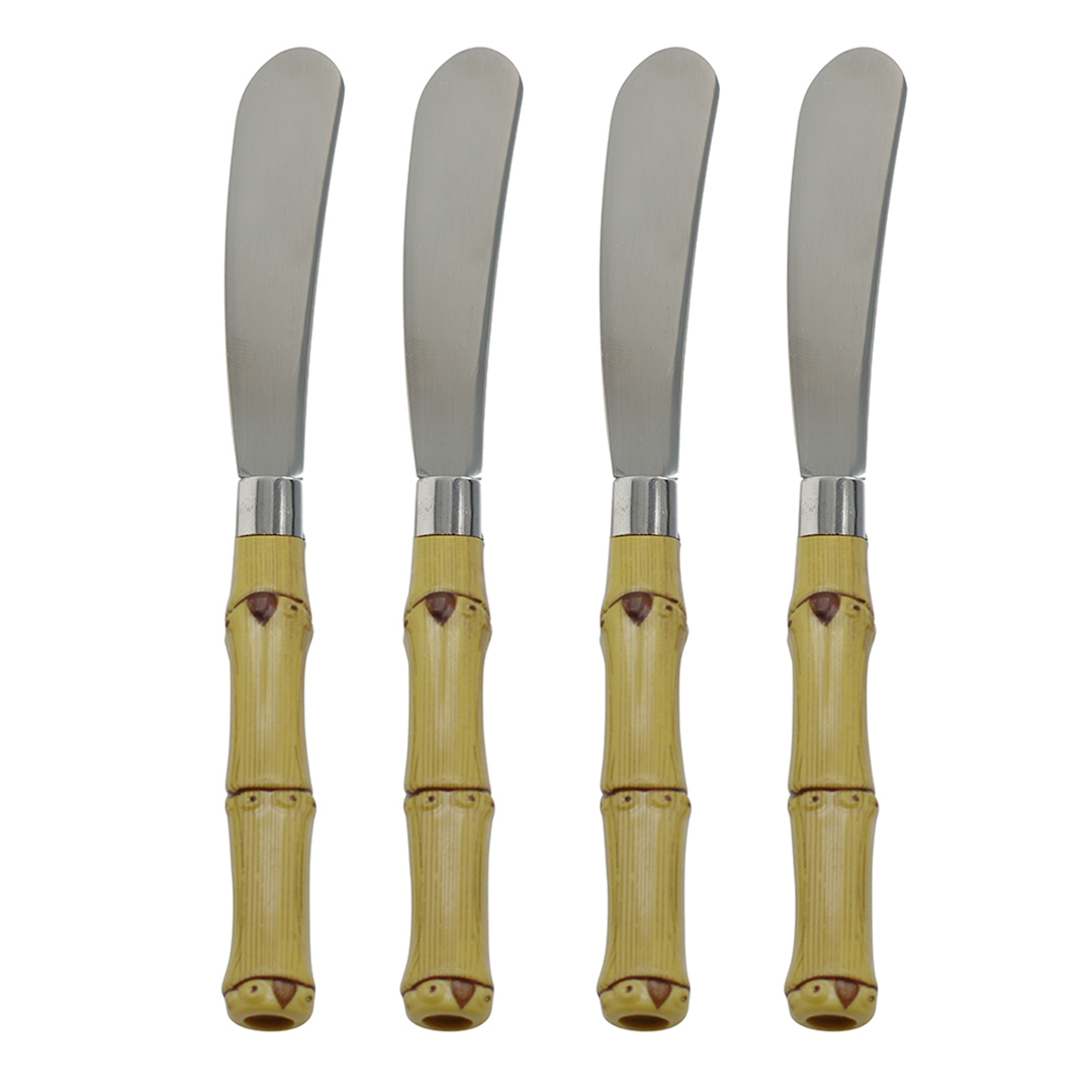 Imagem ilustrativa para Jogo de 4 espátulas em aço inox com cabo plástico estilo bambu com embalagem pvc