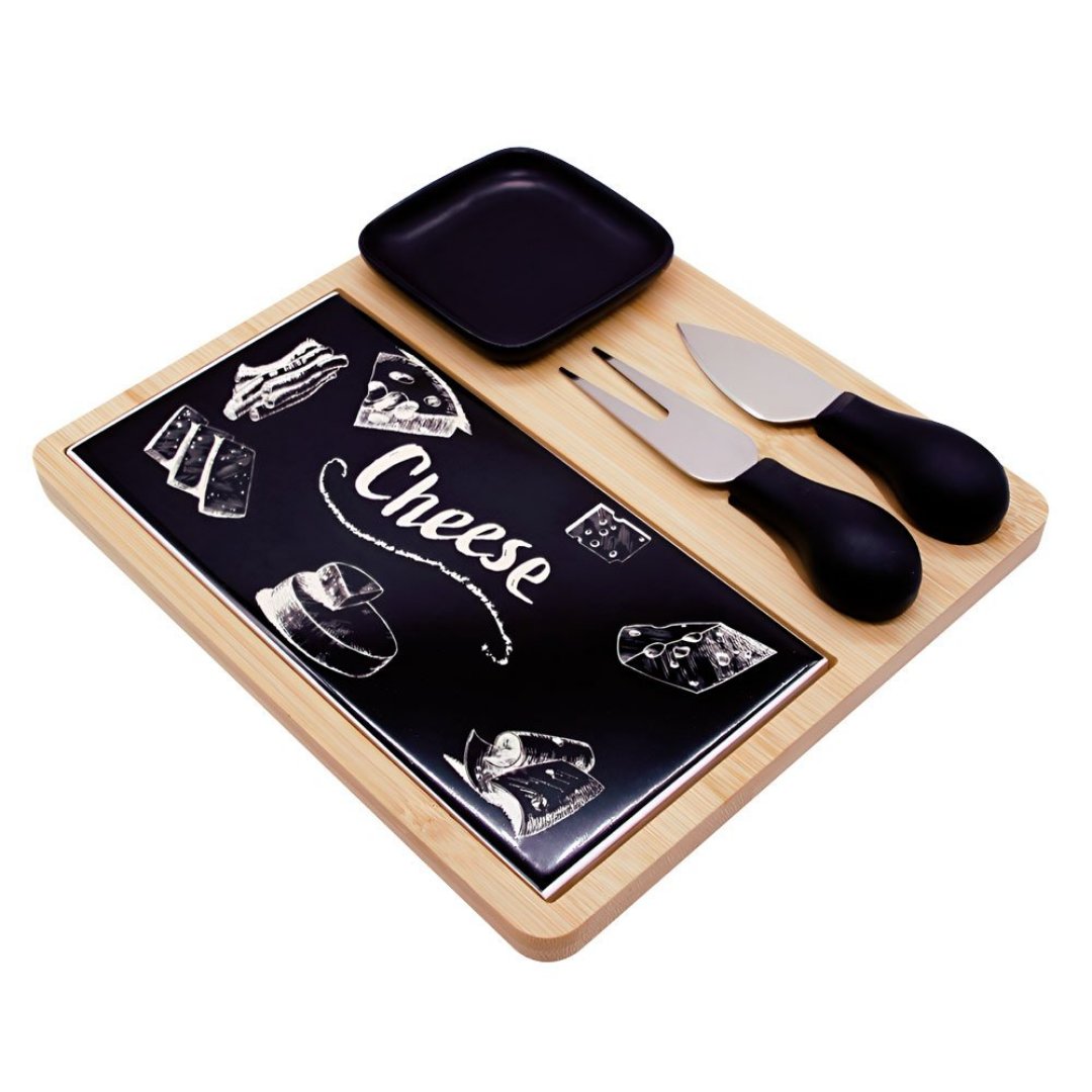 Imagem ilustrativa para Jogo de 4 peças para queijo em bambu e cerâmica P20xL22xA3,3cm