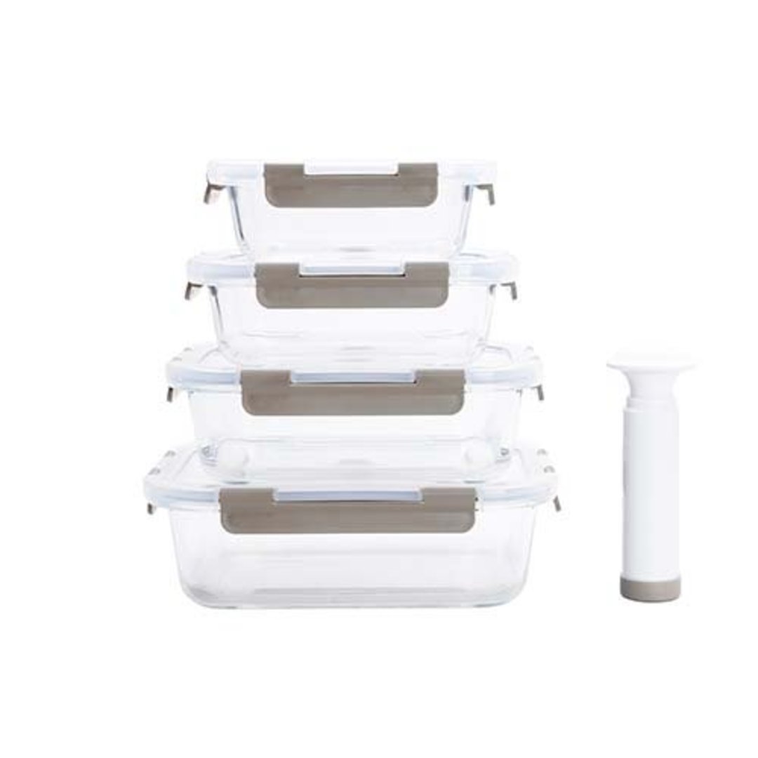 Fotografia para o produto Jogo de 4 potes retangulares em vidro borossilicato com bomba manual 1,52L/1,04L/640ml/370ml