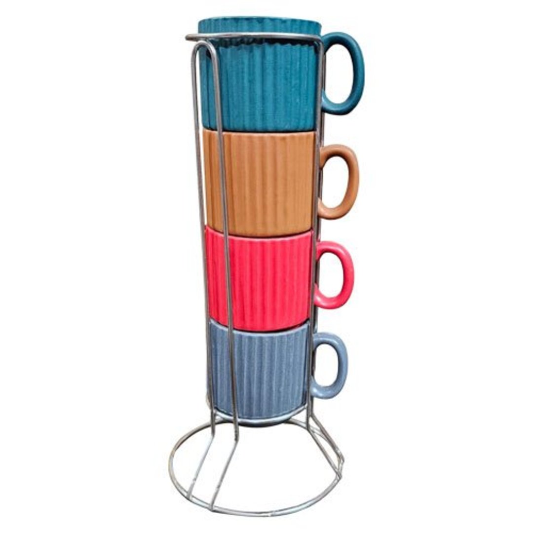 Imagem ilustrativa para Jogo de 4 xícaras para café em cerâmica com suporte 80ml colorido