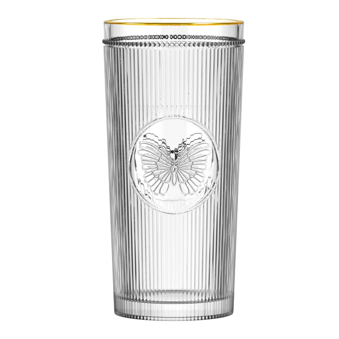 Fotografia para o produto Jogo de 6 copos altos Borboleta em vidro gold rim 350ml A15cm-Pequenos Voadores Fotografia para o produto Jogo de 6 copos altos Borboleta em vidro gold rim 350ml A15cm-Pequenos Voadores