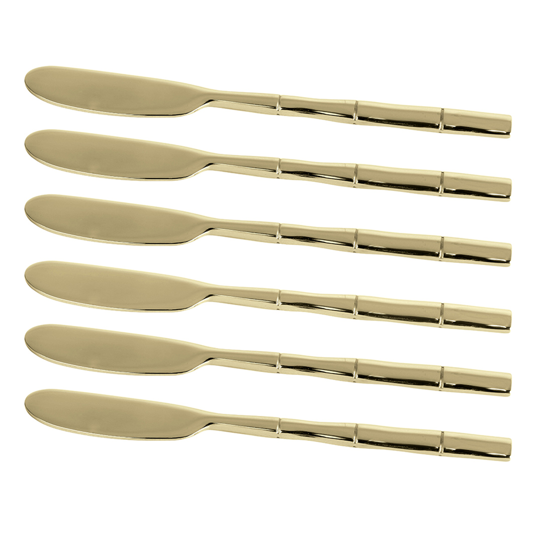 Fotografia para o produto Jogo de 6 espátulas em aço inox com cabo estilo bambu cor champagne e caixa