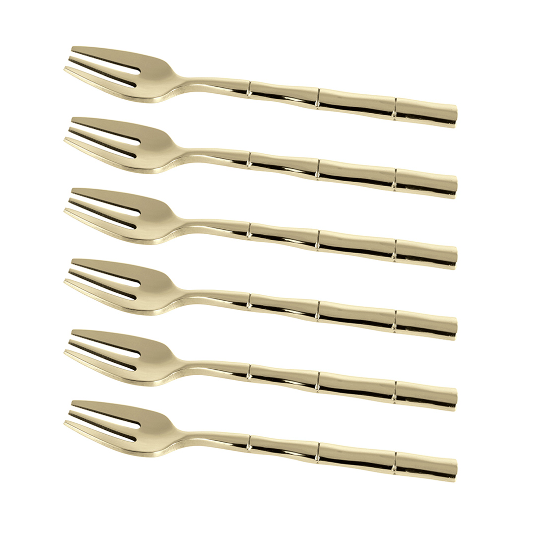 Fotografia para o produto Jogo de 6 garfos para bolo em aço inox com cabo estilo bambu cor champagne e caixa